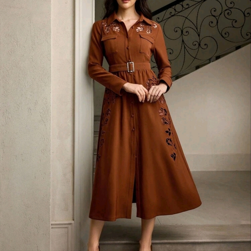 Women's Elegant Commuter Solid Color Embroidered Mid-Length Dress